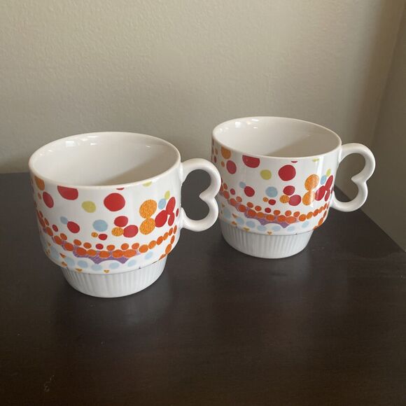 Set Of 2 Anthropologie Stackable Abstract Polka Dot Floral Mugs Coffee Tea Retro - Picture 6 of 6
